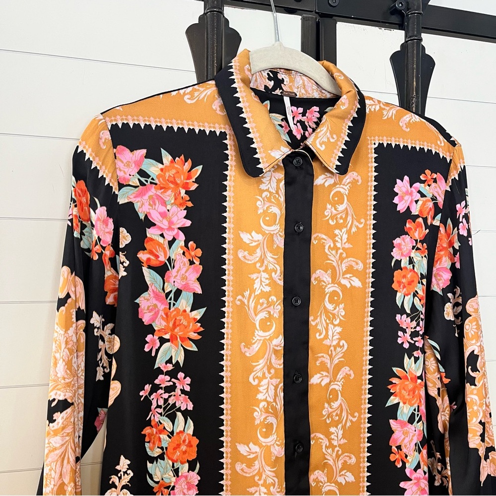 Free People Black and Marigold Floral Button-Down Shirt Boho Southwestern XS - Picture 2 of 8